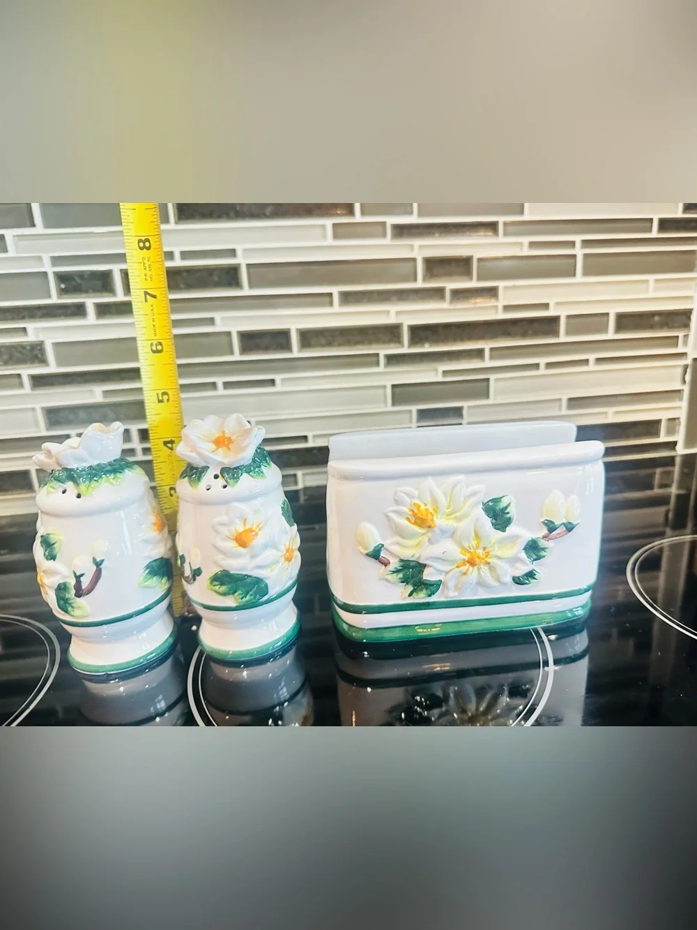 Vtg Ceramic Hand-Painted Magnolia Collection Napkin Holder/Salt & Pepper Shaker